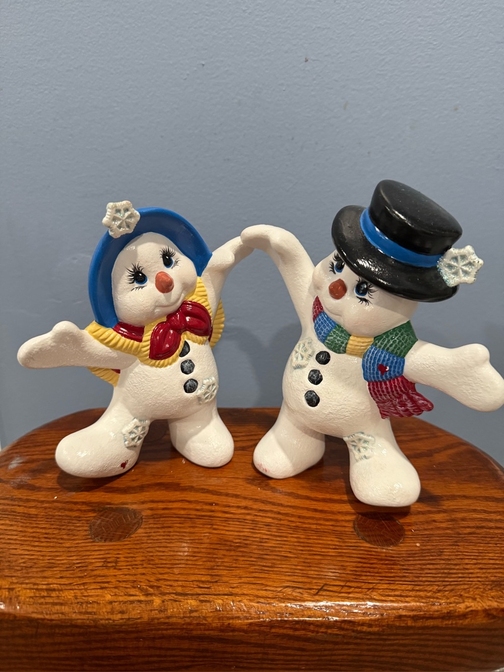 Pair of Ceramic Hand Painted Christmas Snow People Holiday Decor. Super Cute!